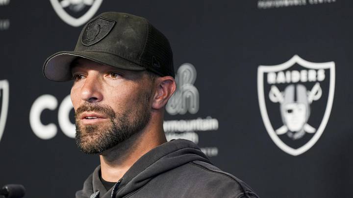 Las Vegas Raiders defensive coordinator Rob Leonard speaks during a news conference during organized team activities.