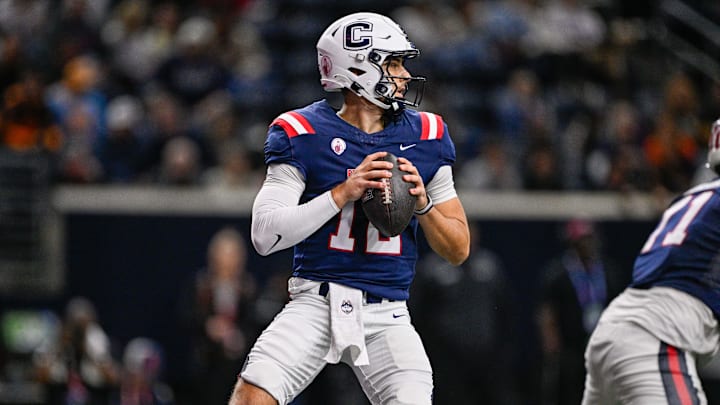 Jan 27, 2026; Frisco, TX, USA; West quarterback Joe Fagnano (12) drops back to pass the ball against the East during the second half at the Ford Center at the Star. Mandatory Credit: Jerome Miron-Imagn Images