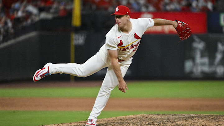 Jun 9, 2025; St. Louis, Missouri, USA; St. Louis Cardinals relief pitcher Ryan Helsley (56) pitches against the Toronto Blue Jays during the ninth inning at Busch Stadium. Mandatory Credit: Jeff Curry-Imagn Images Jun 9, 2025; St. Louis, Missouri, USA; St. Louis Cardinals relief pitcher Ryan Helsley (56) pitches against the Toronto Blue Jays during the ninth inning at Busch Stadium. Mandatory Credit: Jeff Curry-Imagn Images
