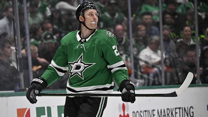 Oct 26, 2024; Dallas, Texas, USA; Dallas Stars center Roope Hintz (24) in action during the game between the Dallas Stars and the Chicago Blackhawks at American Airlines Center. Mandatory Credit: Jerome Miron-Imagn Images