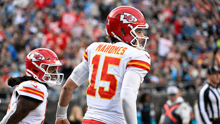 Nov 24, 2024; Charlotte, North Carolina, USA; Kansas City Chiefs wide receiver DeAndre Hopkins (8) celebrates with quarterback Patrick Mahomes (15) after scoring a touchdown in the third quarter at Bank of America Stadium. Nov 24, 2024; Charlotte, North Carolina, USA; Kansas City Chiefs wide receiver DeAndre Hopkins (8) celebrates with quarterback Patrick Mahomes (15) after scoring a touchdown in the third quarter at Bank of America Stadium.