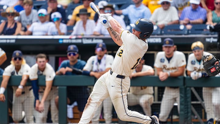 Jun 14, 2025; Omaha, Neb, USA; Murray State Racers second baseman Dom Decker (12) strikes out to end the game against the UCLA Bruins at Charles Schwab Field. Mandatory Credit: Dylan Widger-Imagn Images