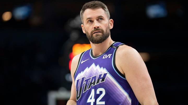 Mar 18, 2026; Minneapolis, Minnesota, USA; Utah Jazz forward Kevin Love (42) looks on against the Minnesota Timberwolves in the first half at Target Center. Mandatory Credit: Jesse Johnson-Imagn Images