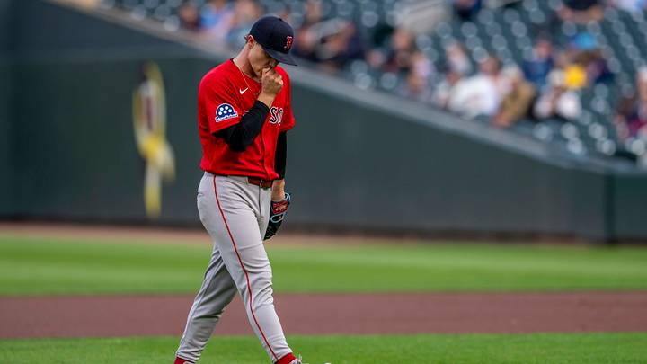 Apr 14, 2026; Minneapolis, Minnesota, USA; Boston Red Sox starting pitcher Sonny Gray (54) looks on after a bulk is called on himself against the Minnesota Twins in the first inning at Target Field. Mandatory Credit: Jesse Johnson-Imagn Images