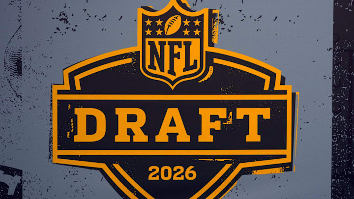Feb 6, 2026; San Francisco, CA, USA; The 2026 NFL Draft logo at the Super Bowl LX Experience at the Moscone Center. Mandatory Credit: Kirby Lee-Imagn Images