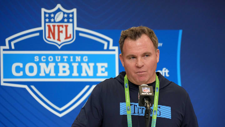 Feb 25, 2025; Indianapolis, IN, USA; Tennessee Titans general manager Mike Borgonzi speaks during the NFL Scouting Combine at the Indiana Convention Center. Mandatory Credit: Kirby Lee-Imagn Images