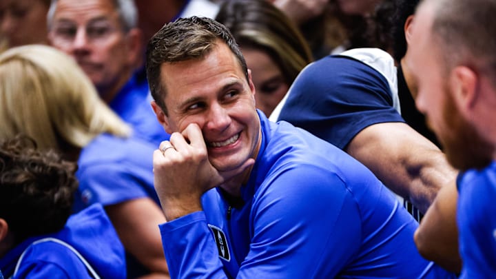 Oct 3, 2025; Durham, NC, USA; Duke Blue Devils head coach Jon Scheyer smiles during the Countdown to Craziness at the Cameron Indoor Stadium. Mandatory Credit: Jaylynn Nash-Imagn Images