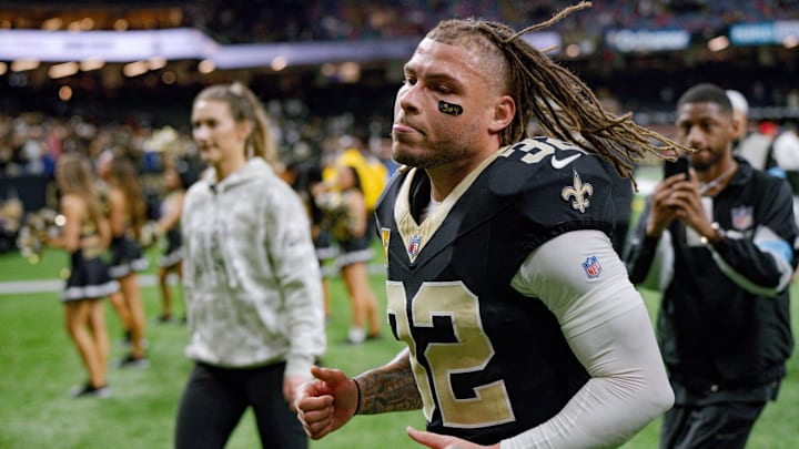 Nov 10, 2024; New Orleans, Louisiana, USA; New Orleans Saints safety Tyrann Mathieu (32) leaves the field after the Saints defeated the Atlanta Falcons at Caesars Superdome. Mandatory Credit: Matthew Hinton-Imagn Images