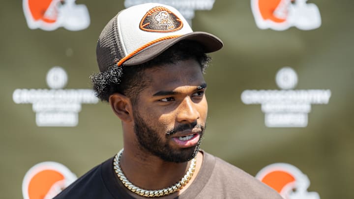 May 10, 2025; Berea, OH, USA; Cleveland Browns quarterback Shedeur Sanders (12) talks to the media during rookie minicamp at CrossCountry Mortgage Campus. Mandatory Credit: Ken Blaze-Imagn Images