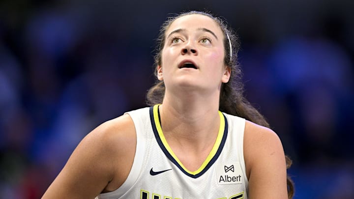 Aug 27, 2025; Arlington, Texas, USA; Dallas Wings forward Maddy Siegrist (20) looks on during the second half against the Connecticut Sun at College Park Center. Mandatory Credit: Jerome Miron-Imagn Images