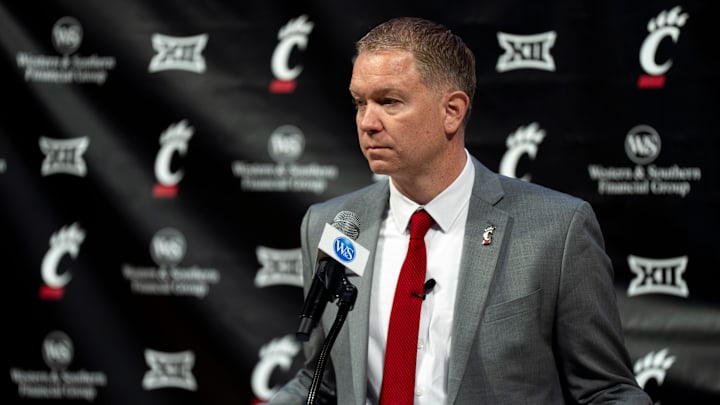 Cincinnati head coach Jerrod Calhoun speaks during a press conference announcing him as the head men's basketball coach at Fifth Third Arena in Cincinnati on Wednesday, March 25, 2026.
