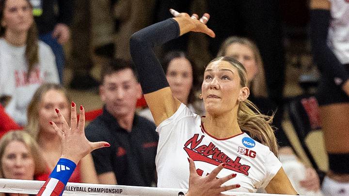 Nebraska middle blocker Andi Jackson attacks against Kansas in the 2025 NCAA Tournament Regional Semifinals. Nebraska middle blocker Andi Jackson attacks against Kansas in the 2025 NCAA Tournament Regional Semifinals.