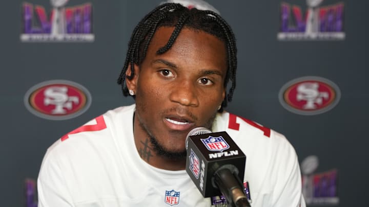 Feb 7, 2024; Las Vegas, NV, USA; San Francisco 49ers cornerback Charvarius Ward (7) during a press