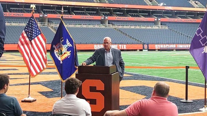 September 2, 2025; Syracuse, New York, USA; Syracuse University VP, Chief Facilities Officer Pete Sala address the media at the JMA Wireless Dome regarding fan enhancements for the upcoming Orange home football season. Mandatory Credit: Sean Murphy, The Juice Online-ON SI September 2, 2025; Syracuse, New York, USA; Syracuse University VP, Chief Facilities Officer Pete Sala address the media at the JMA Wireless Dome regarding fan enhancements for the upcoming Orange home football season. Mandatory Credit: Sean Murphy, The Juice Online-ON SI