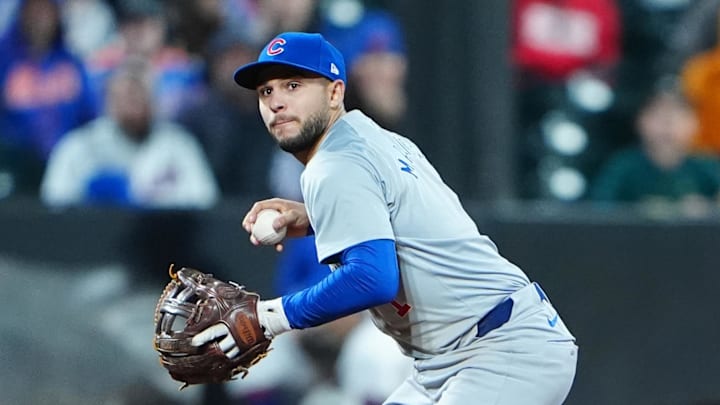 Apr 30, 2024; New York City, New York, USA; Chicago Cubs third baseman Nick Madrigal (1) during the fifth inning at Citi Field. Mandatory Credit: Gregory Fisher-Imagn Images