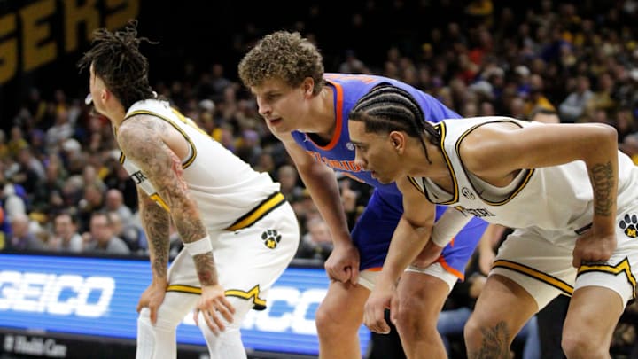 Jan 3, 2026; Columbia, Missouri, USA; Missouri Tigers forward Trent Pierce (11) waits for a free-throw shot from the Florida Gators during the first half at Mizzou Arena.