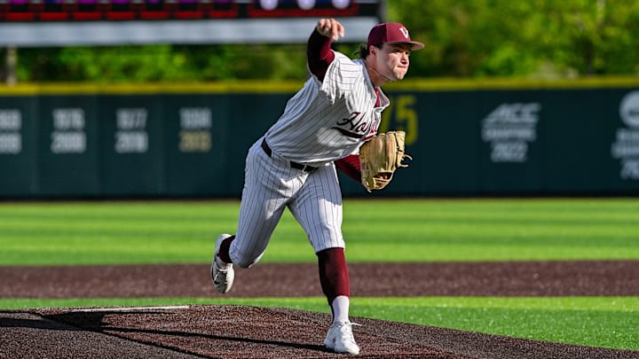 Blacksburg, VA — Brett Renfrow delivers a pitch during game one vs Pitt in 2026.