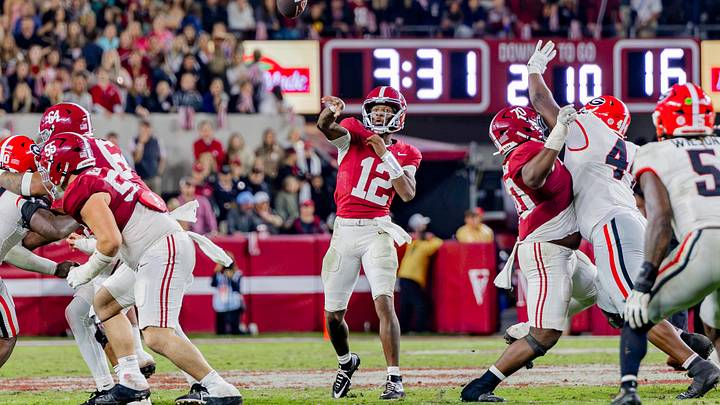 Alabama quarterback Keelon Russell throws the ball in the second half of the match up against Georgia on Oct 10, 2026. Alabama quarterback Keelon Russell throws the ball in the second half of the match up against Georgia on Oct 10, 2026.