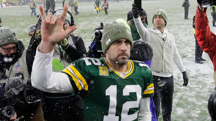 Green Bay Packers quarterback Aaron Rodgers (12)] celebrates during the Green Bay Packers 24-16 win over the Carolina Panthers in Green Bay, Wisconsin, Sunday, November 10, 2019. RICK WOOD/MILWAUKEE JOURNAL SENTINEL