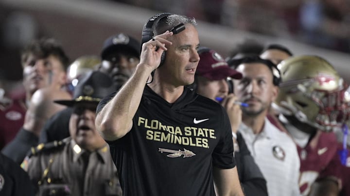 Oct 4, 2025; Tallahassee, Florida, USA; Florida State Seminoles head coach Mike Norvell during the first half against the Miami Hurricanes at Doak S. Campbell Stadium. Mandatory Credit: Melina Myers-Imagn Images