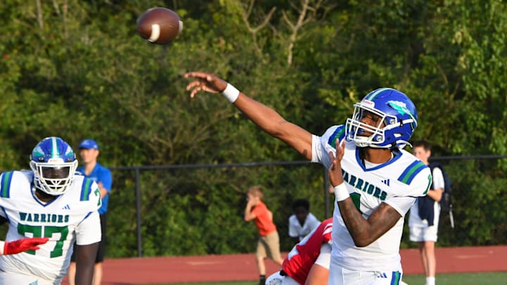Quarterback Bryshawn Brown delivers a first-down pass for Winton Woods at the Kings vs. Winton Woods football game, Aug. 29, 2025.