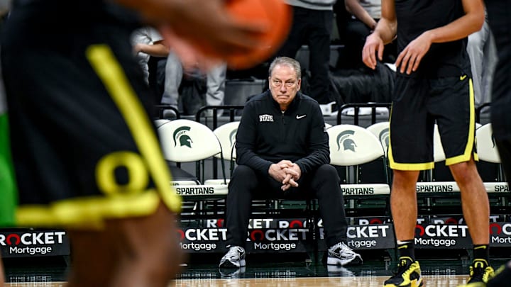 Michigan State's head coach Tom Izzo watches the Ducks warm up before the basketball game against Oregon during on Saturday, Feb. 8, 2025, at the Breslin Center East Lansing.