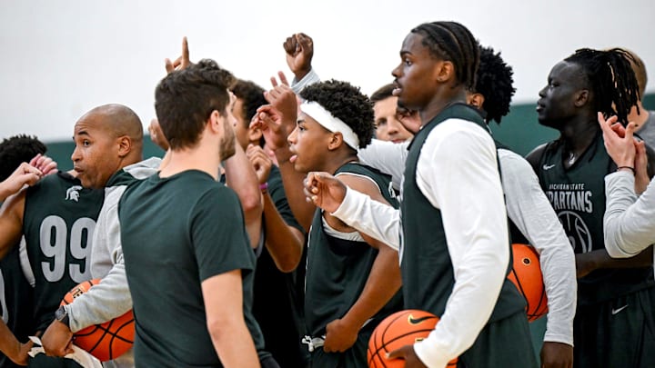 Michigan State's Jeremy Fears Jr., center, and the Spartans huddle up during the first day of basketball practice on Monday, Sept. 22, 2025, at the Breslin Center in East Lansing.