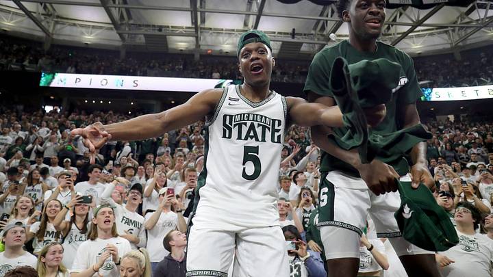 Michigan State guard Cassius Winston (5) and forward Gabe Brown celebrate the 80-69 win against Ohio State on Sunday, March 8, 2020 at the Breslin Center.

Michigan State