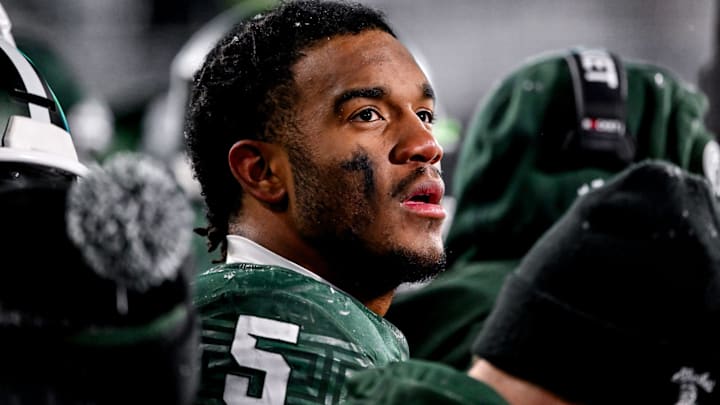 Michigan State's Jordan Hall looks on form the sideline against Rutgers' during the fourth quarter on Saturday, Nov. 30, 2024, at Spartan Stadium in East Lansing.