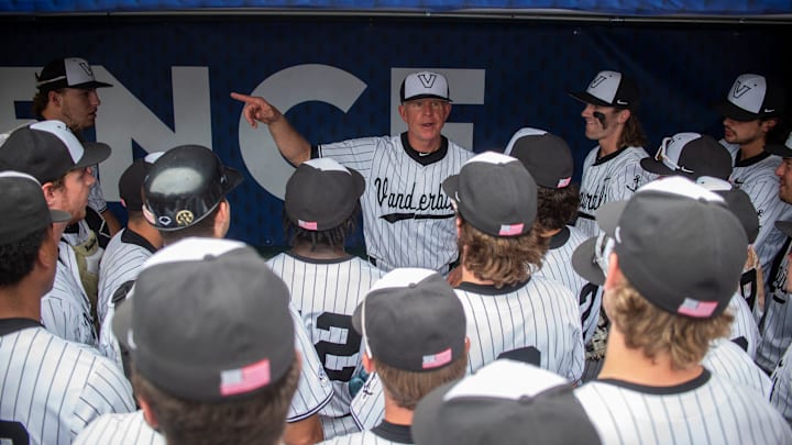 Vanderbilt Commodores head coach Tim Corbin talks with his team after the game as Vanderbilt Commodores take on Tennessee Volunteer during the SEC baseball tournament at Hoover Met in Birmingham, Ala., on Saturday, May 24, 2025. Vanderbilt Commodores defeated Tennessee Volunteer 10-0 in 7 innings.