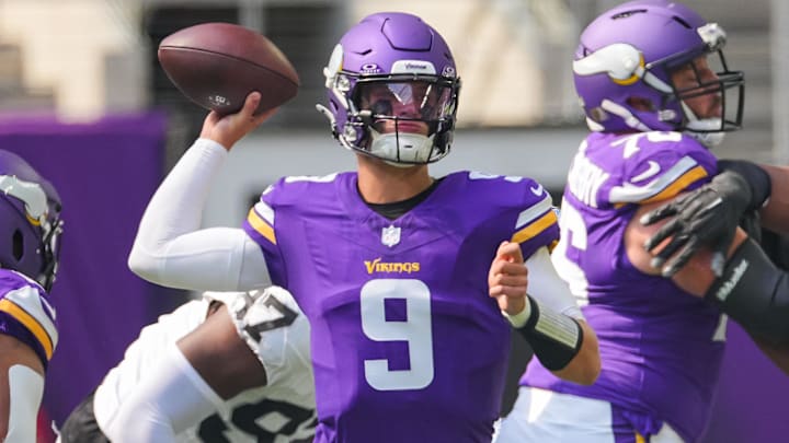 Aug 10, 2024; Minneapolis, Minnesota, USA; Minnesota Vikings quarterback J.J. McCarthy (9) passes against the Las Vegas Raiders in the second quarter at U.S. Bank Stadium. Aug 10, 2024; Minneapolis, Minnesota, USA; Minnesota Vikings quarterback J.J. McCarthy (9) passes against the Las Vegas Raiders in the second quarter at U.S. Bank Stadium.