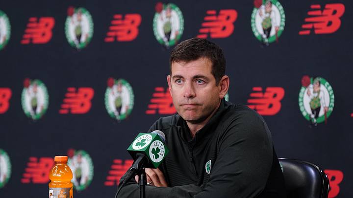 Sep 29, 2025; Boston, MA, USA; Boston Celtics president of basketball operations Brad Stevens talks to reporters during media day at the Auerbach Center.