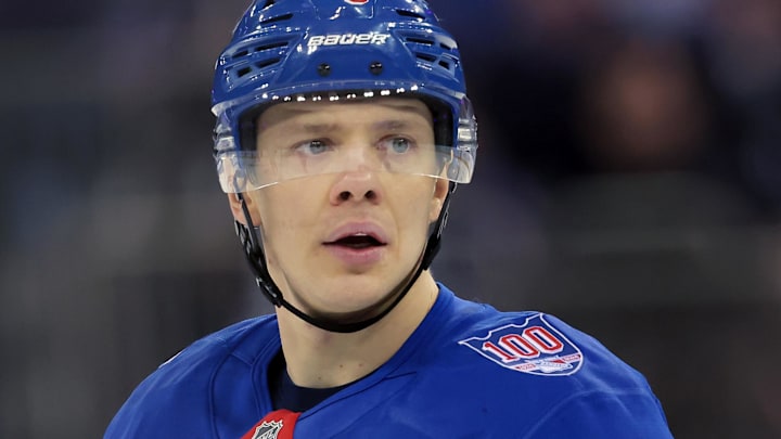 Jan 5, 2026; New York, New York, USA; New York Rangers left wing Artemi Panarin (10) skates against the Utah Mammoth during the second period at Madison Square Garden. Mandatory Credit: Brad Penner-Imagn Images