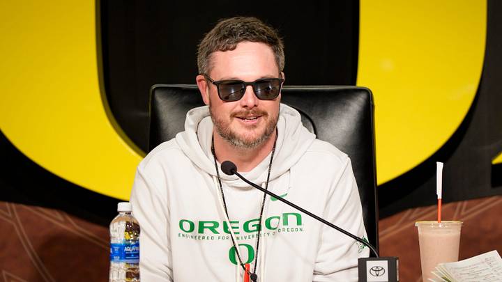 Oregon head coach Dan Lanning speaks from the podium at the Hatfield-Dowlin Complex on the first day of spring practice for the Oregon Ducks on March 12, 2026, in Eugene, Oregon. Oregon head coach Dan Lanning speaks from the podium at the Hatfield-Dowlin Complex on the first day of spring practice for the Oregon Ducks on March 12, 2026, in Eugene, Oregon.