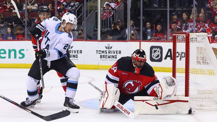 New Jersey Devils goaltender Jake Allen (34) makes a save while Utah Hockey Club center Barrett Hayton (27): Ed Mulholland-Imagn Images New Jersey Devils goaltender Jake Allen (34) makes a save while Utah Hockey Club center Barrett Hayton (27): Ed Mulholland-Imagn Images