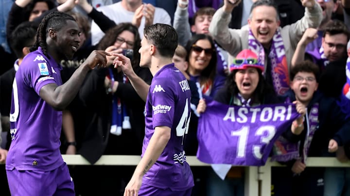 Moise Kean of ACF Fiorentina celebrates with Nicolo Fagioli...