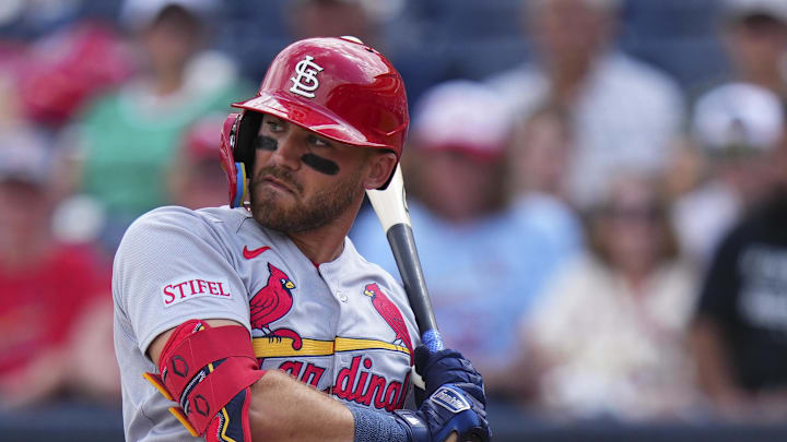 Mar 5, 2025; West Palm Beach, Florida, USA; St. Louis Cardinals outfielder Michael Siani (22) ducks out of the way of a pitch against the Houston Astros during the first inning at CACTI Park of the Palm Beaches. Mandatory Credit: Rich Storry-Imagn Images