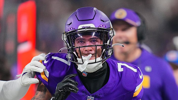 Nov 3, 2024; Minneapolis, Minnesota, USA; Minnesota Vikings cornerback Byron Murphy Jr. (7) celebrates his interception against the Indianapolis Colts in the fourth quarter at U.S. Bank Stadium. Mandatory Credit: Brad Rempel-Imagn Images Nov 3, 2024; Minneapolis, Minnesota, USA; Minnesota Vikings cornerback Byron Murphy Jr. (7) celebrates his interception against the Indianapolis Colts in the fourth quarter at U.S. Bank Stadium. Mandatory Credit: Brad Rempel-Imagn Images