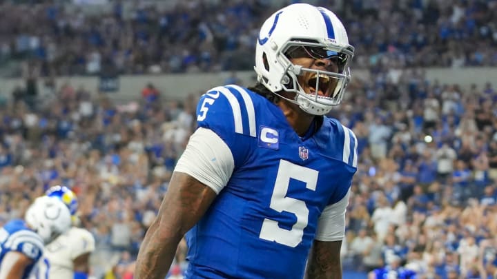 Indianapolis Colts quarterback Anthony Richardson (5) reacts after scoring a touchdown during fourth quarter game action against the Los Angeles Rams at Indianapolis Colts, on Sunday, Oct. 1, 2023, at Lucas Oil Stadium in Indianapolis.