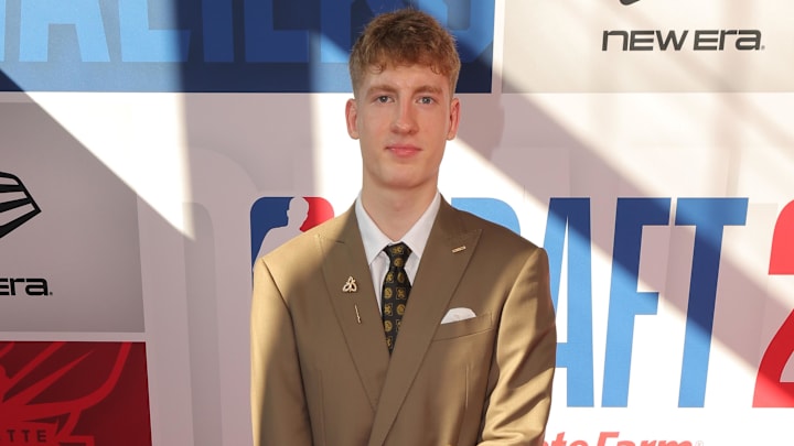 Jun 25, 2025; Brooklyn, NY, USA; Kasparas Jakucionis arrives before the first round of the 2025 NBA Draft at Barclays Center. Mandatory Credit: Brad Penner-Imagn Images