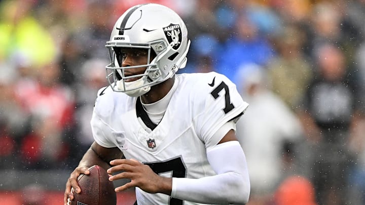 Sep 7, 2025; Foxborough, Massachusetts, USA; Las Vegas Raiders quarterback Geno Smith (7) drops back to pass against the New England Patriots during the second half at Gillette Stadium. Mandatory Credit: Brian Fluharty-Imagn Images