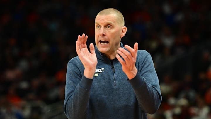Mar 23, 2025; Milwaukee, WI, USA;  Kentucky Wildcats head coach Mark Pope reacts during the second half in the second round of the NCAA Tournament against the Illinois Fighting Illini at Fiserv Forum. Mandatory Credit: Benny Sieu-Imagn Images