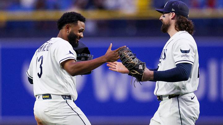Sep 16, 2026; St. Petersburg, Florida, USA; Tampa Bay Rays third baseman Junior Caminero (13) (left) and first baseman Ryan Vilade (26) (right) react after beating the Athletics at Tropicana Field. Mandatory Credit: Nathan Ray Seebeck-Imagn Images Sep 16, 2026; St. Petersburg, Florida, USA; Tampa Bay Rays third baseman Junior Caminero (13) (left) and first baseman Ryan Vilade (26) (right) react after beating the Athletics at Tropicana Field. Mandatory Credit: Nathan Ray Seebeck-Imagn Images
