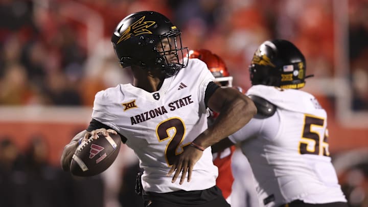 Oct 11, 2025; Salt Lake City, Utah, USA; Arizona State Sun Devils quarterback Jeff Sims (2) throws the ball against the Utah Utes during the third quarter at Rice-Eccles Stadium. Mandatory Credit: Rob Gray-Imagn Images