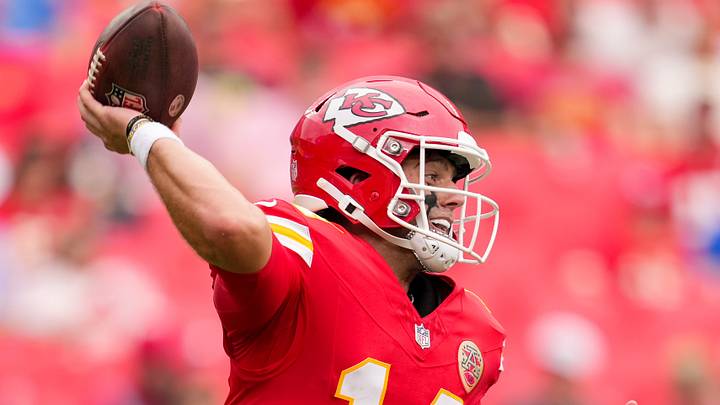 Aug 15, 2026; Kansas City, Missouri, USA; Kansas City Chiefs quarterback Garrett Nussmeier (14) throws a pass during the second half against the Los Angeles Rams at at Arrowhead Stadium. Mandatory Credit: Jay Biggerstaff-Imagn Images