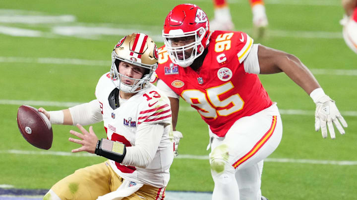 Feb 11, 2024; Paradise, Nevada, USA; San Francisco 49ers quarterback Brock Purdy (13) is pressured