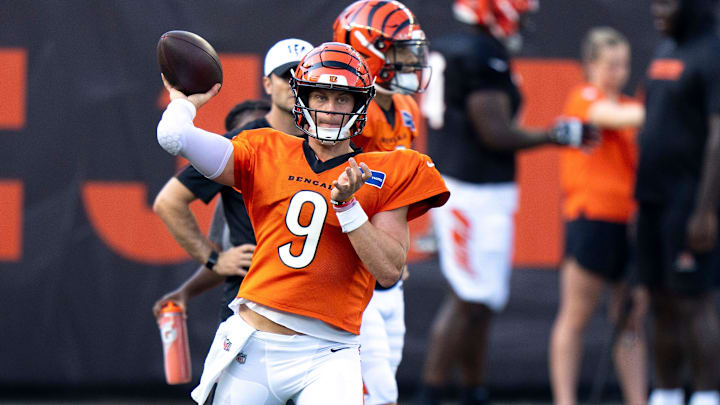 Cincinnati Bengals quarterback Joe Burrow (9) throw a pass during Bengals Camp practice at Paycor Stadium in Cincinnati on Aug. 2, 2025.