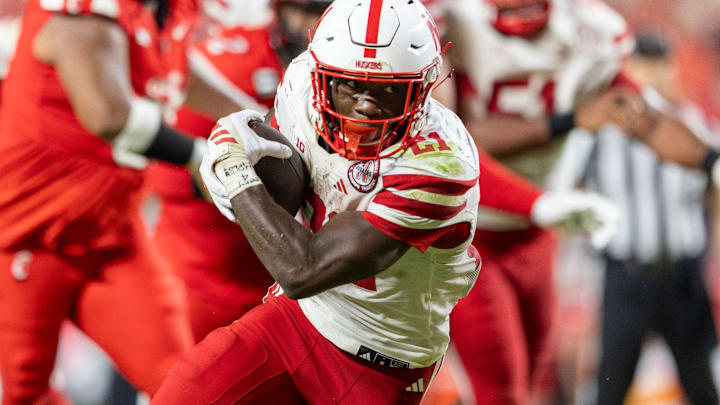 Emmett Johnson picks up four yards during Nebraska's 2025 season opener against Cincinnati.