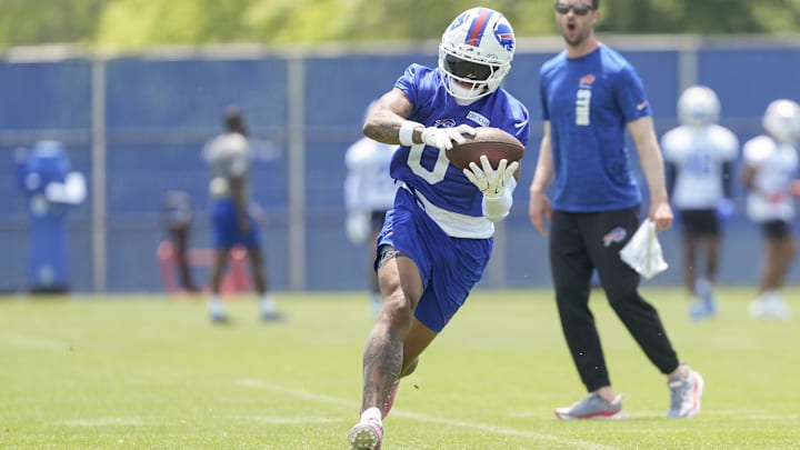 Buffalo Bills wide receiver Keon Coleman makes a catch during Minicamp at Highmark Stadium. Buffalo Bills wide receiver Keon Coleman makes a catch during Minicamp at Highmark Stadium.