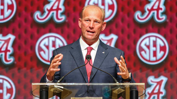 Jul 16, 2025; Atlanta, GA, USA; University of Alabama head coach Kalen DeBoer talks to the media during the SEC Media Days at Omni Atlanta Hotel. Mandatory Credit: Jordan Godfree-Imagn Images Jul 16, 2025; Atlanta, GA, USA; University of Alabama head coach Kalen DeBoer talks to the media during the SEC Media Days at Omni Atlanta Hotel. Mandatory Credit: Jordan Godfree-Imagn Images